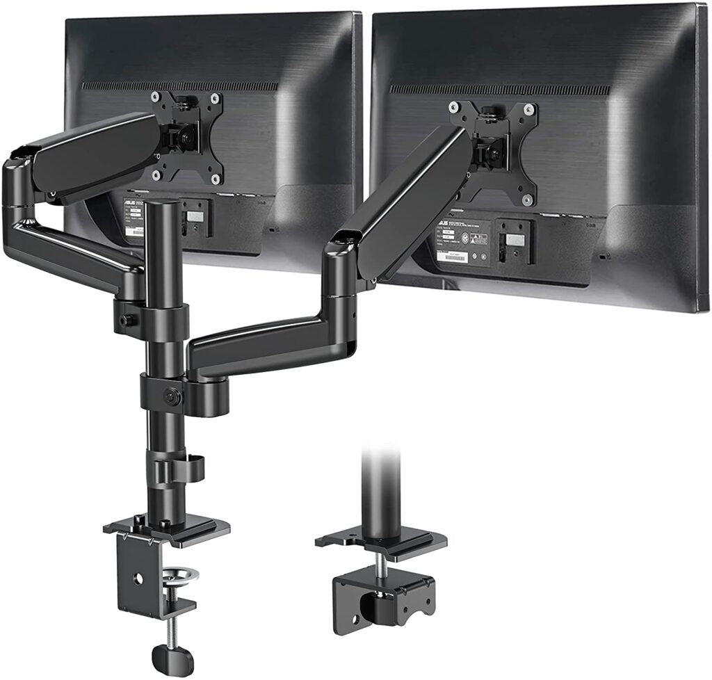 Two monitors mounted on wall with Dual LCD Monitor Arm bracket.