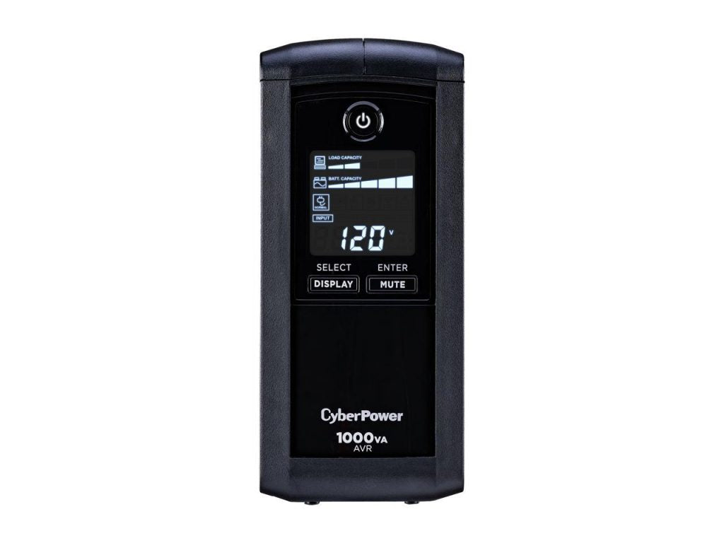 A black electronic device with a clock displaying the time. It is the CyberPower 1000VA (600 Watts) Battery Backup.