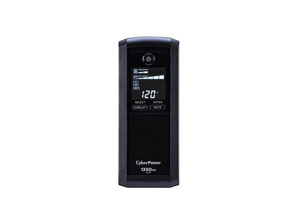 Black electronic device with clock, CyberPower 1350VA (815 Watts) Battery Backup.