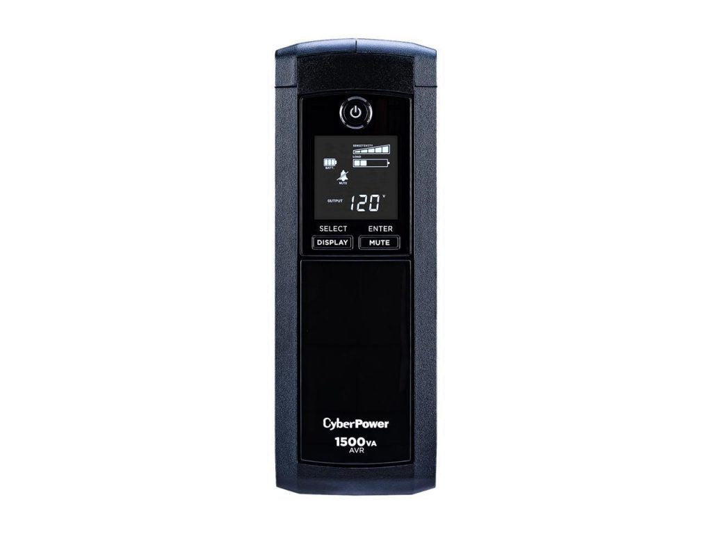 A black and white digital clock on a white background, next to a CyberPower 1500VA (900 Watts) Battery Backup.
