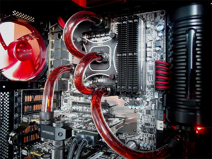 A close up look of Red Liquid Cooled PC